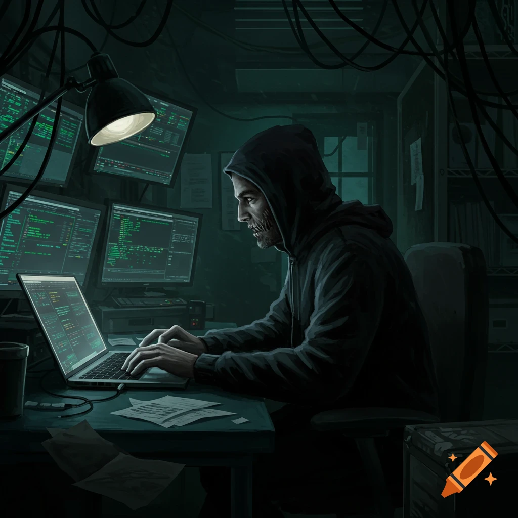 Illustration of a hooded hacker working on computers in a dark room.
