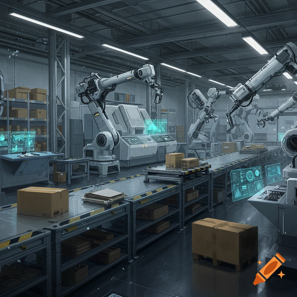 An automated factory floor with robotic arms, conveyor belts, and boxes under fluorescent lights.