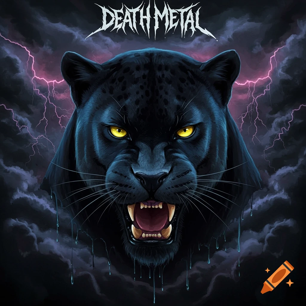 Illustration of a black panther head with glowing eyes under lightning, with a 'Death Metal' logo.