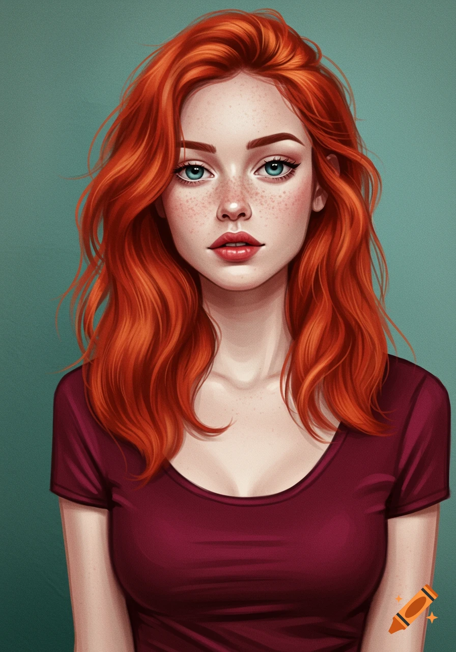 Digital illustration of a redhead woman with freckles wearing a maroon top.