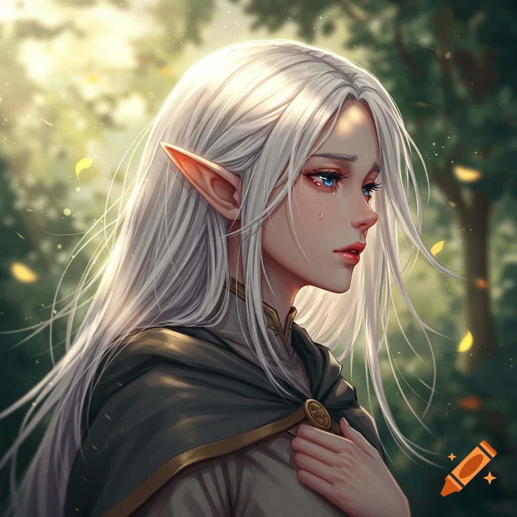Anime portrait of an elf with white hair and tearful blue eyes in a sunny forest.