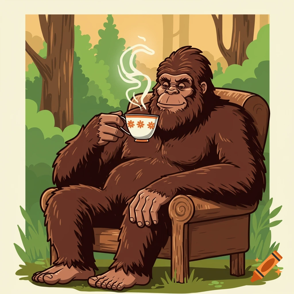 Cartoon illustration of Bigfoot sitting in a chair in a forest drinking tea.