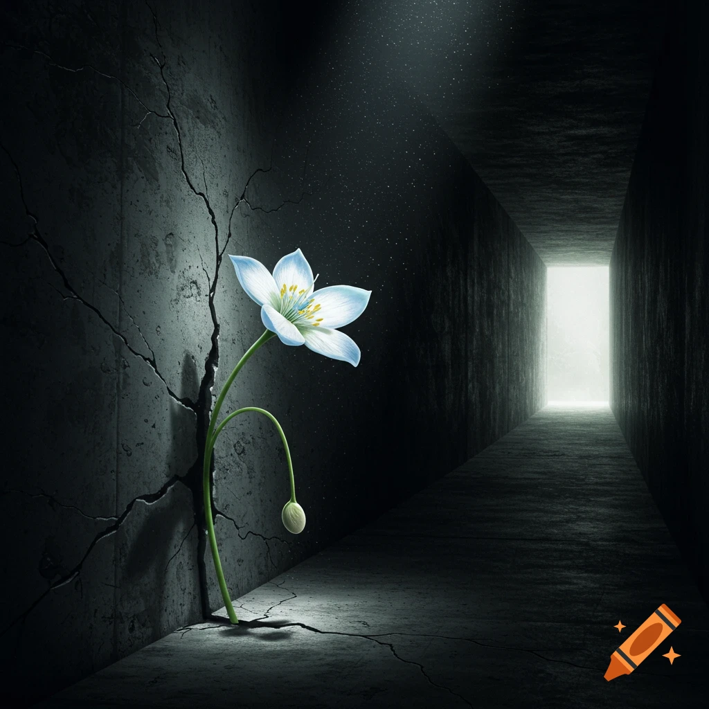 A white flower with a bud grows from cracked concrete in a dark corridor, reaching toward a bright light at the end.