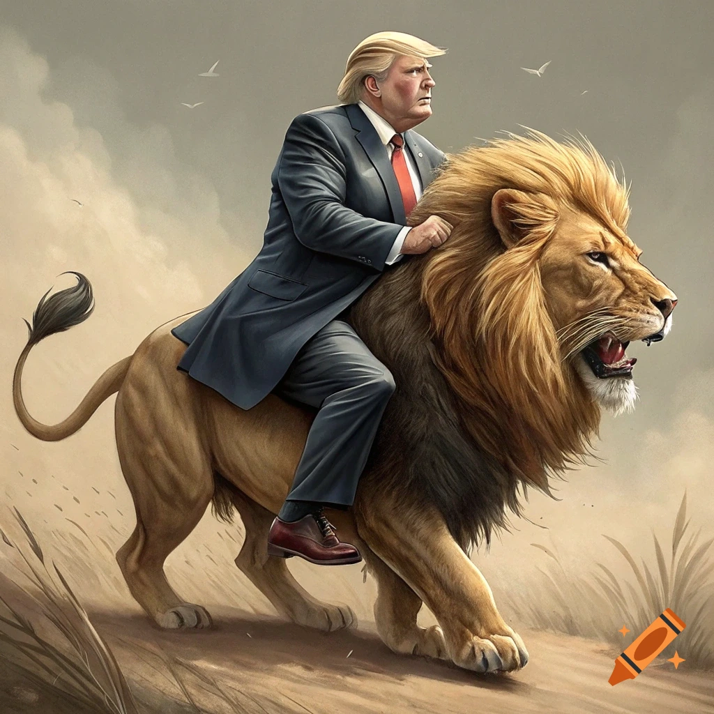 A person resembling Donald Trump rides on the back of a lion across a plain.