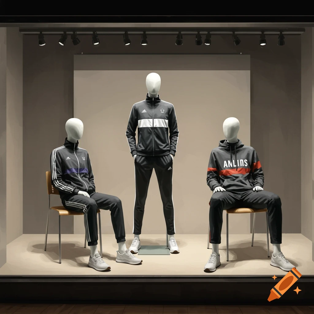 Three mannequins in a window display wearing tracksuits, one standing and two sitting.