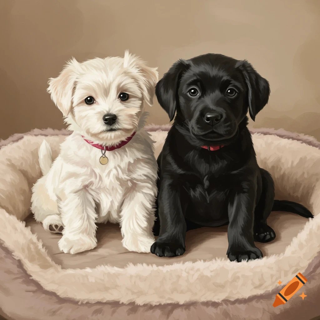 Illustration of a white puppy and a black Labrador puppy sitting in a dog bed.
