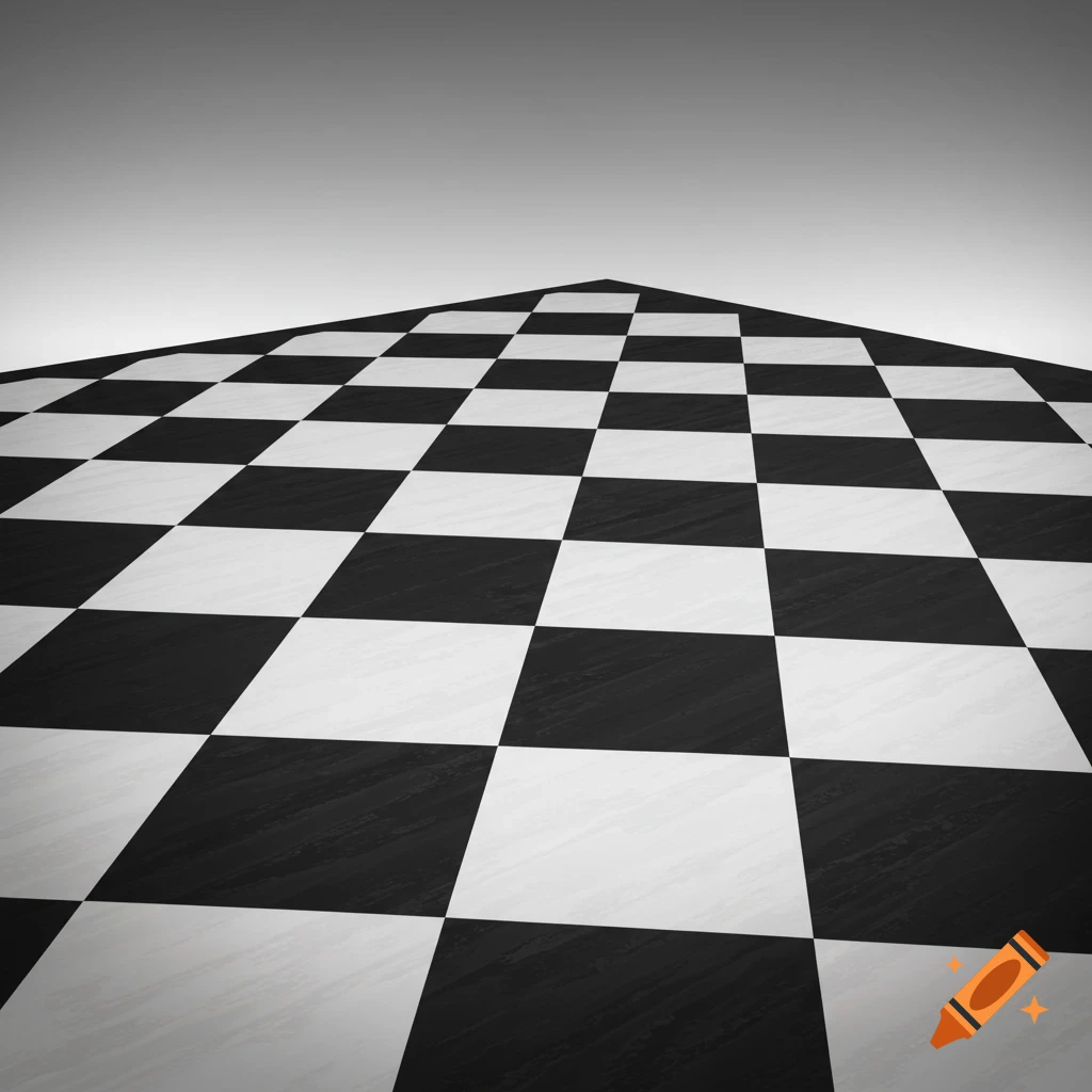 A black and white checkered floor in perspective reaching towards a gray sky.