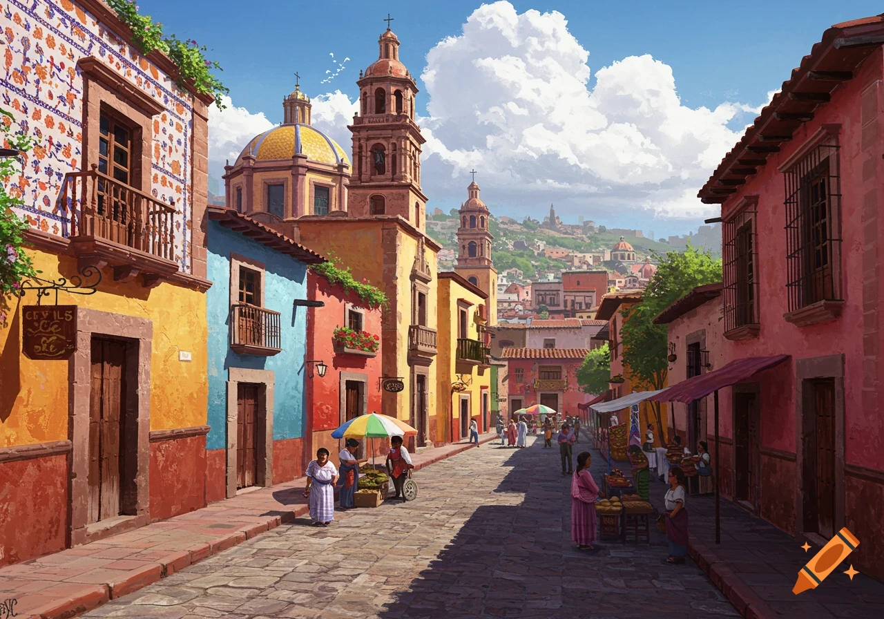 A vibrant painting of a colorful street in a Mexican city with people and market stalls.