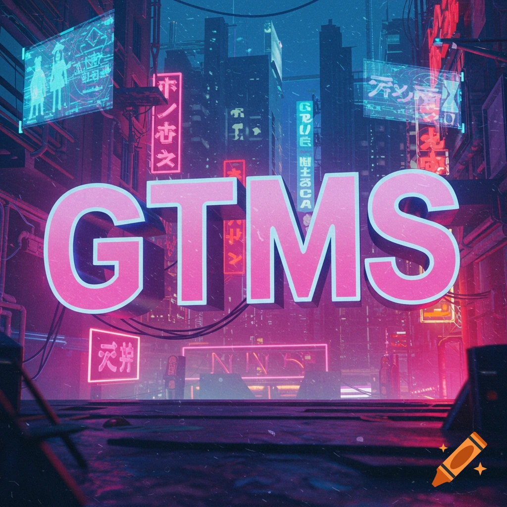 Large pink glowing text GTMS in a detailed cyberpunk city scene with neon signs and skyscrapers.