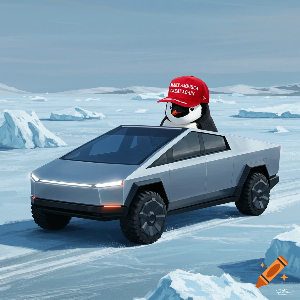 Penguin in 'Make America Great Again' hat drives a Cybertruck on ice.