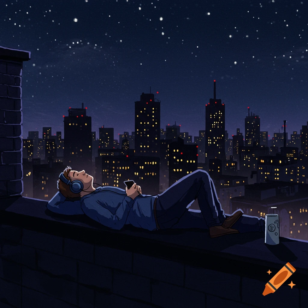 Illustration of a person lying on a rooftop at night looking at stars over a city, listening to music on headphones.