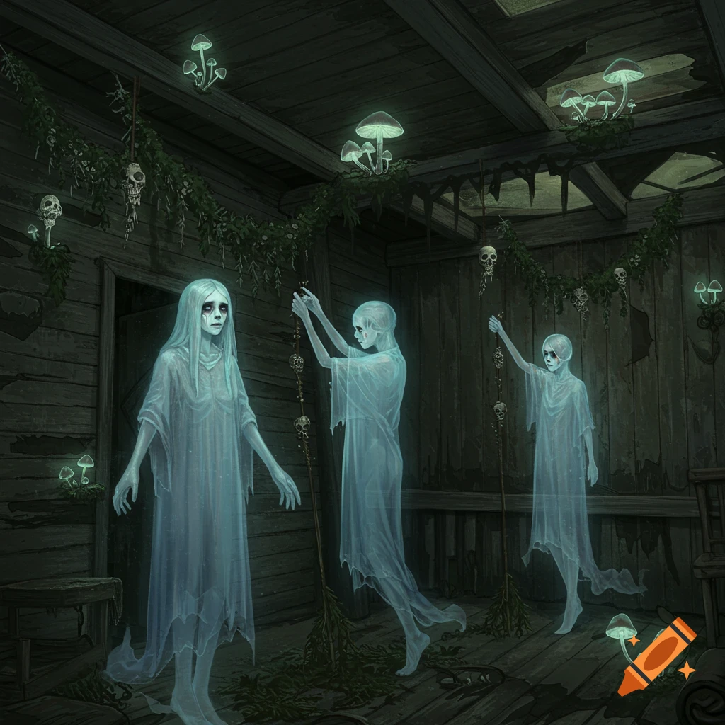 Ethereal ghosts hang skull decor and greenery in a dark room lit by glowing mushrooms.