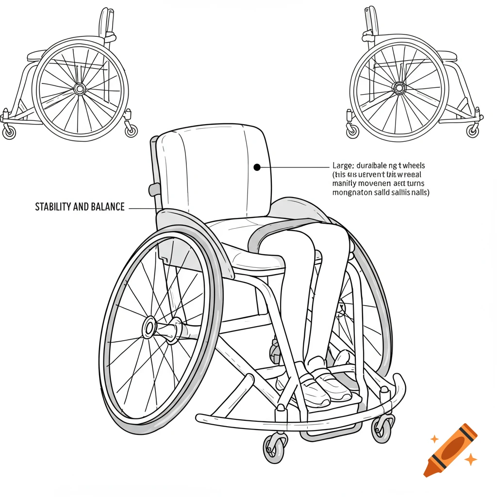 Line drawing diagram of a wheelchair with labels for stability and features.