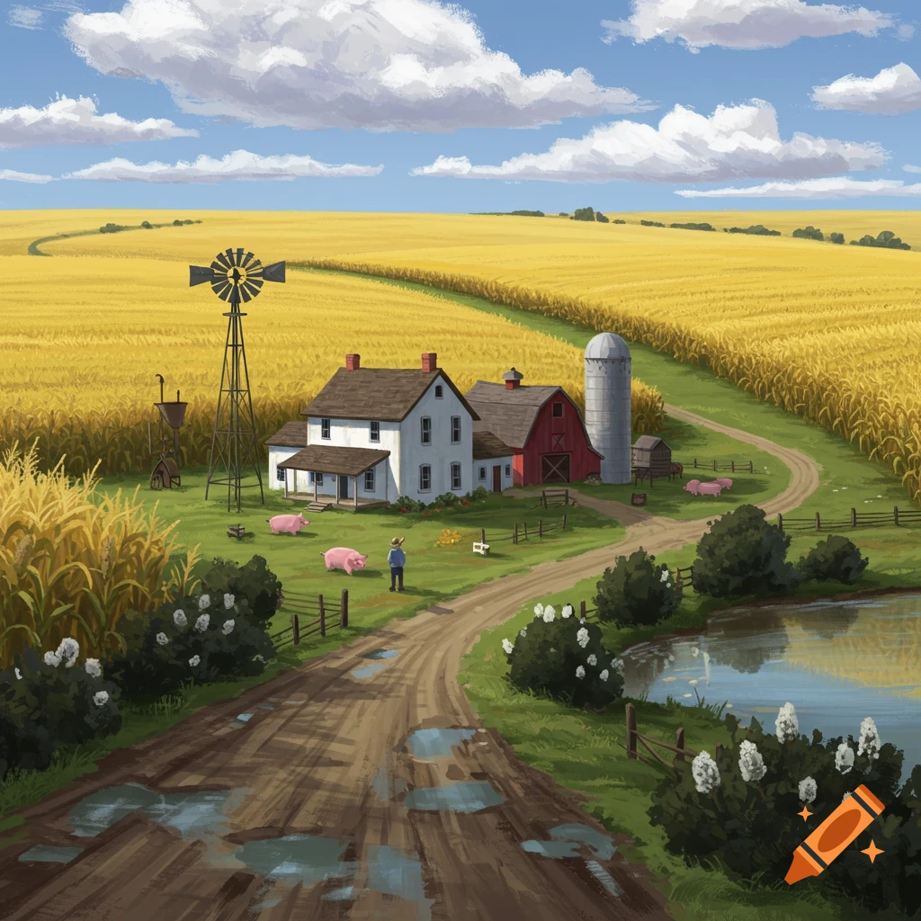An illustration of a farm with a white house, red barn, windmill, silo, corn fields, pigs, and a person on a dirt road near a pond.
