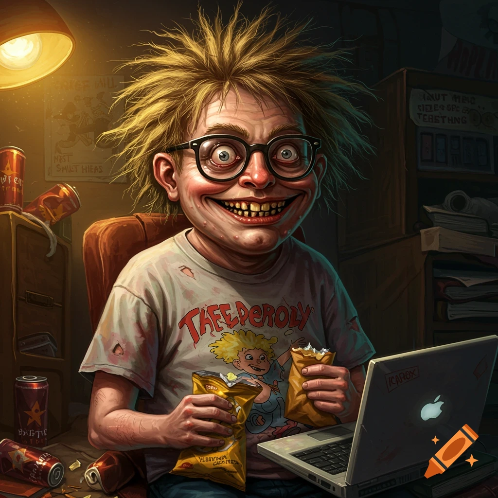 Caricature illustration of an unkempt nerd with glasses and a creepy smile, sitting at a laptop and eating chips in a messy room.