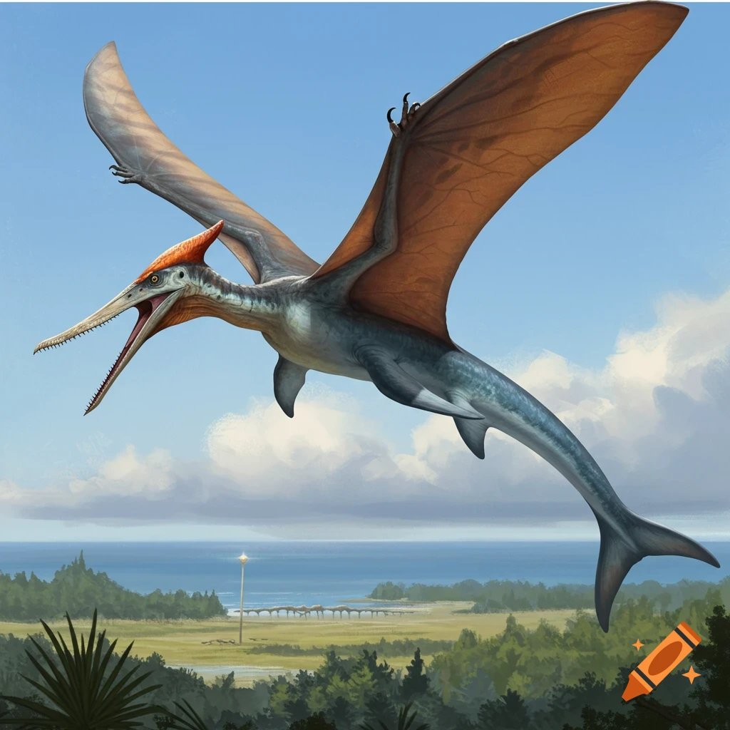 Illustration of a winged creature with a long beak and tail flying over a green landscape and ocean