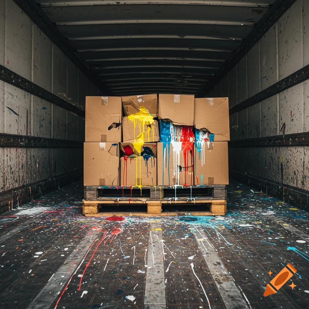 Stacked cardboard boxes on a pallet inside a trailer, covered in splatters of colorful paint.