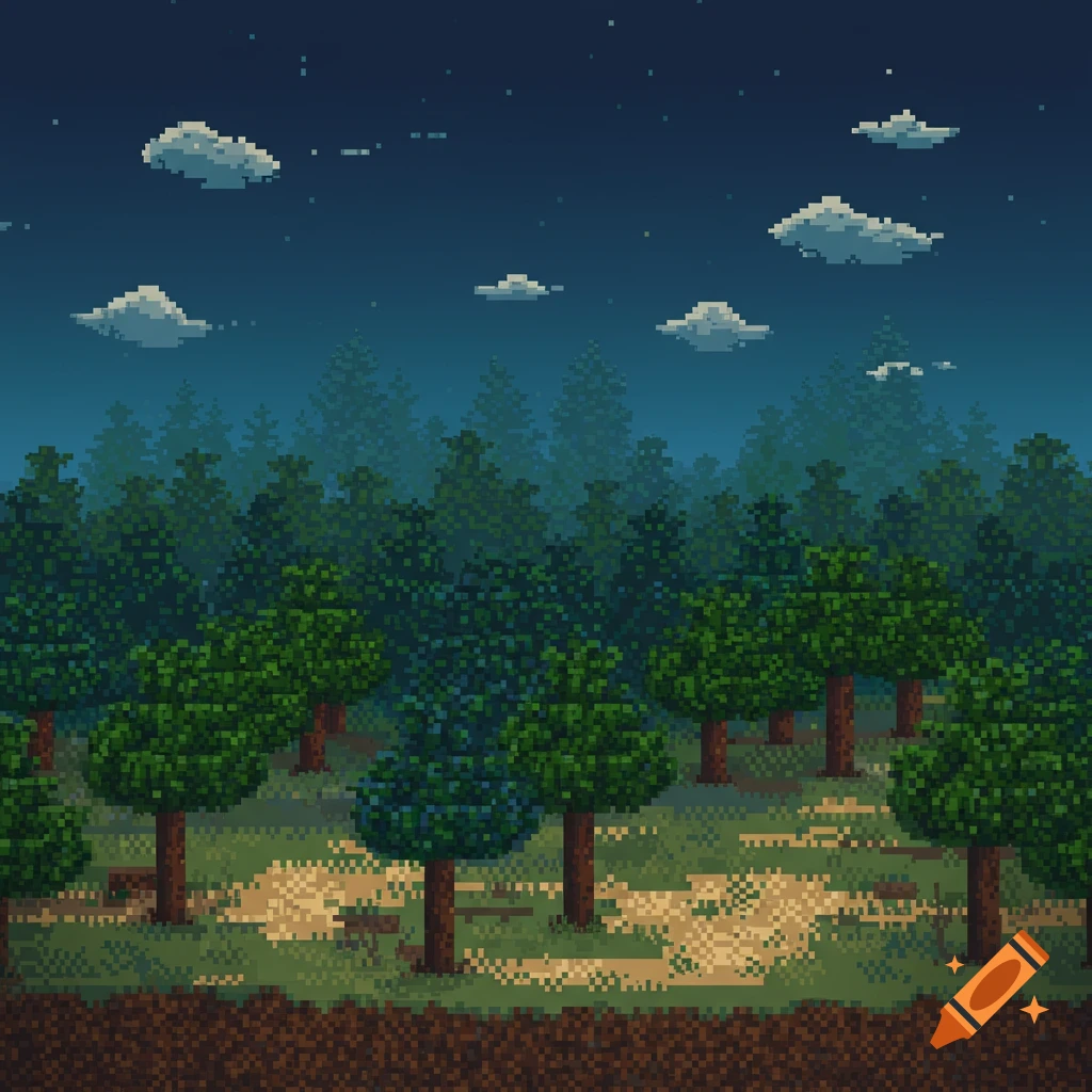 Pixel art landscape of a forest at night under a starry sky with clouds.