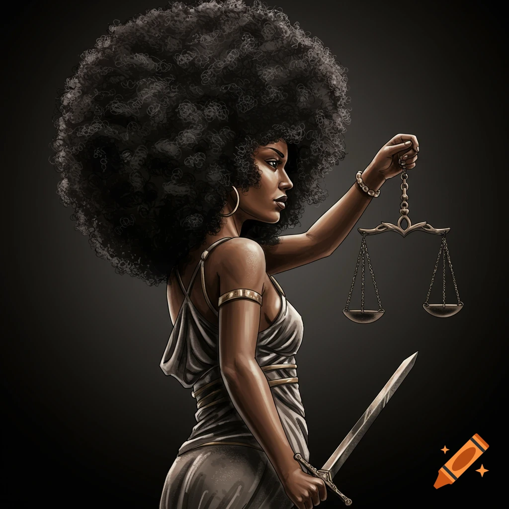 Stylized illustration of a woman with a large afro holding scales and a sword, representing justice.