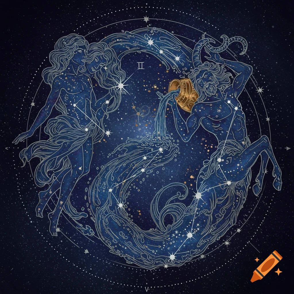 A stylized tattoo design showing figures representing Gemini and Aquarius, a centaur-like figure representing Capricorn, and constellations within a starry circle.