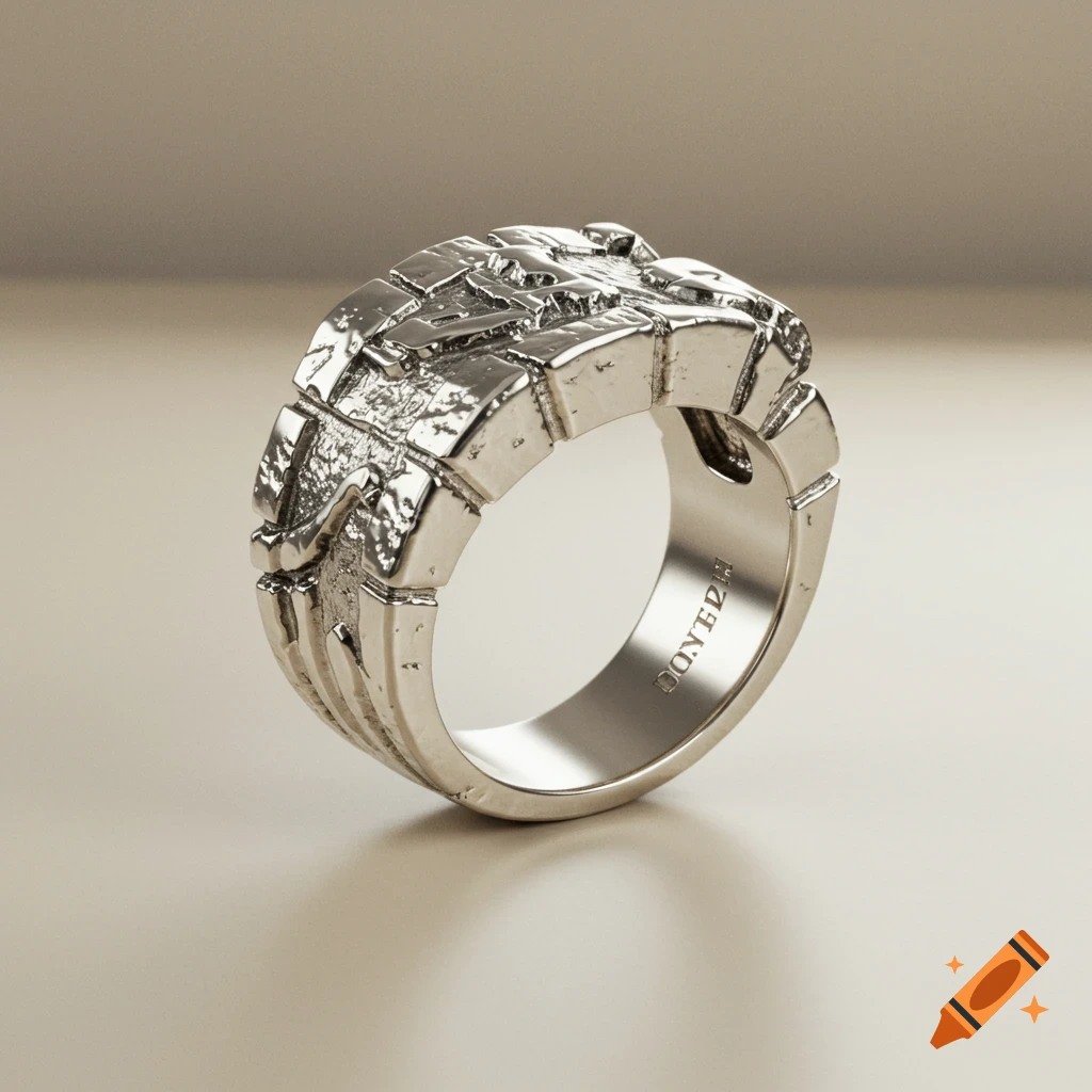 Close-up photorealistic view of a chunky white gold ring with a unique design.
