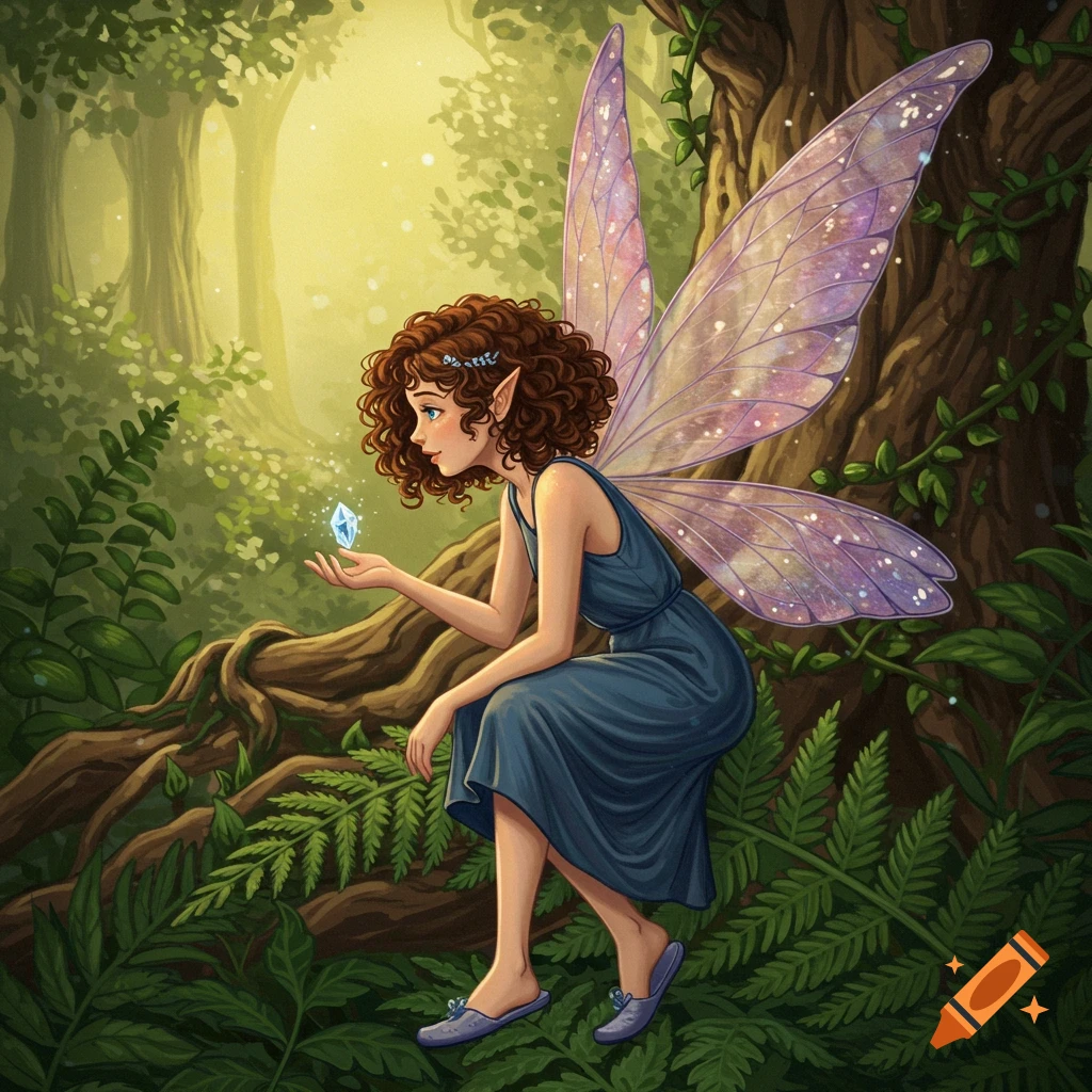A brown-haired fairy with blue eyes sits in a forest, holding a glowing crystal.