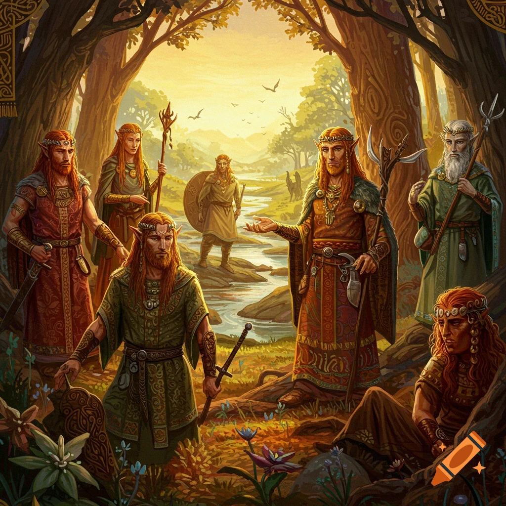 Group of fantasy figures in a forest by a river at sunset, fantasy art.