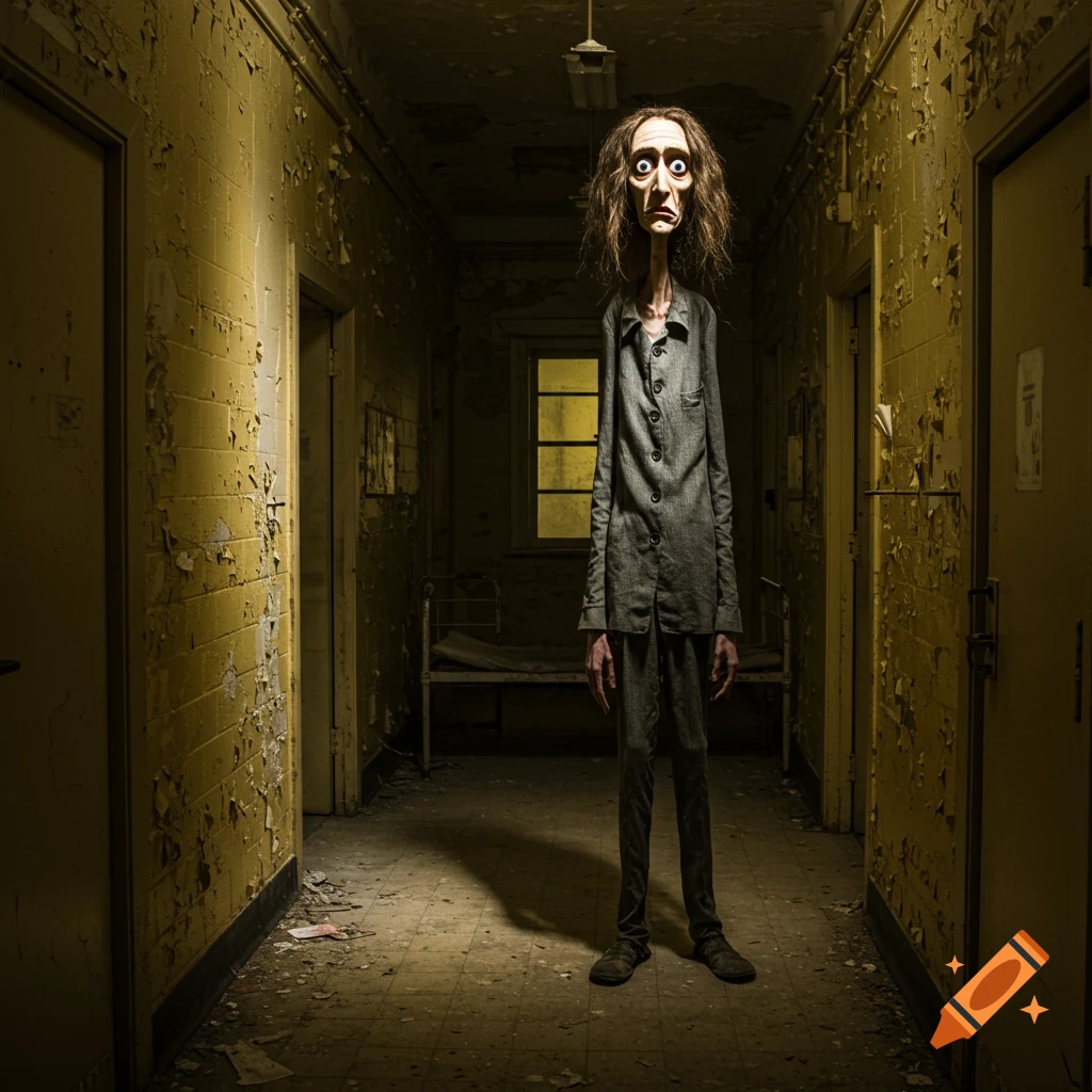 A gaunt figure with large eyes stands in a dark, decaying asylum hallway.