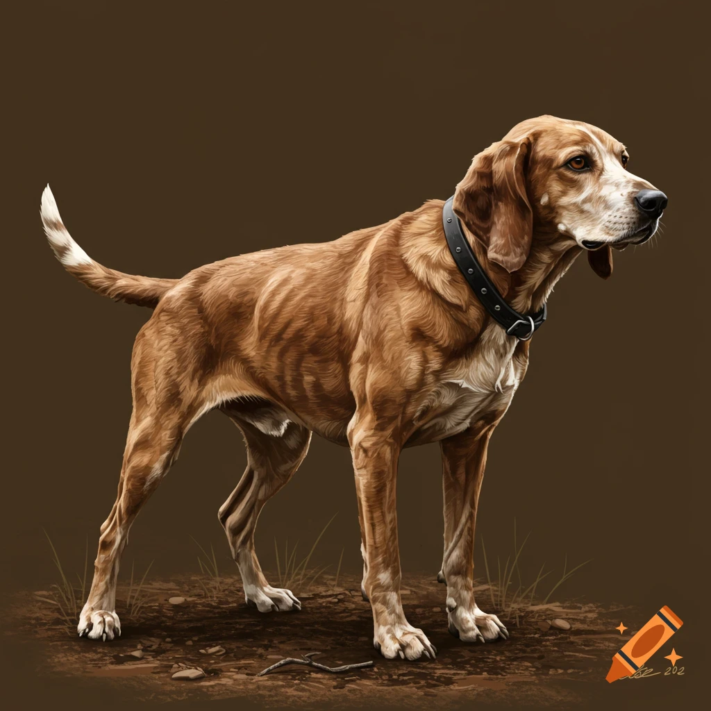 A brown hunting dog stands on dirt against a brown background. Illustration.