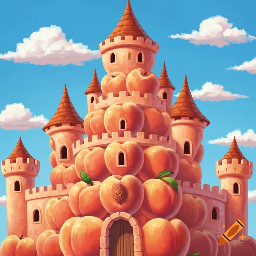 A whimsical castle made entirely of peaches under a blue sky with clouds, in a painterly style.