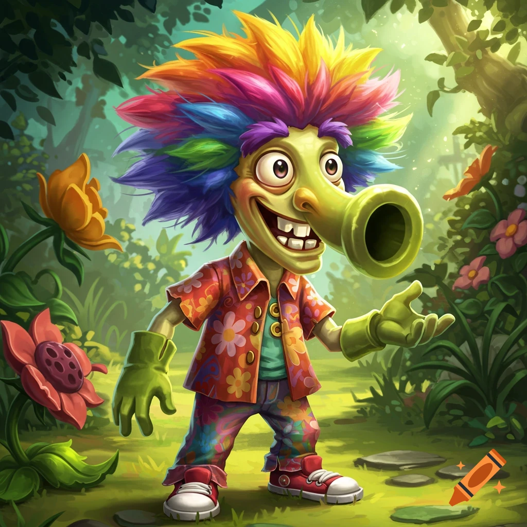 Cartoon plant character with rainbow hair in floral clothes in a garden, oil painting