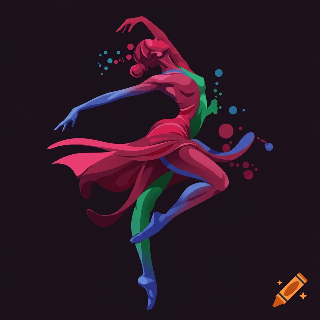 Stylized illustration of a dancer in motion, made of flowing red, green, and blue shapes and dots.