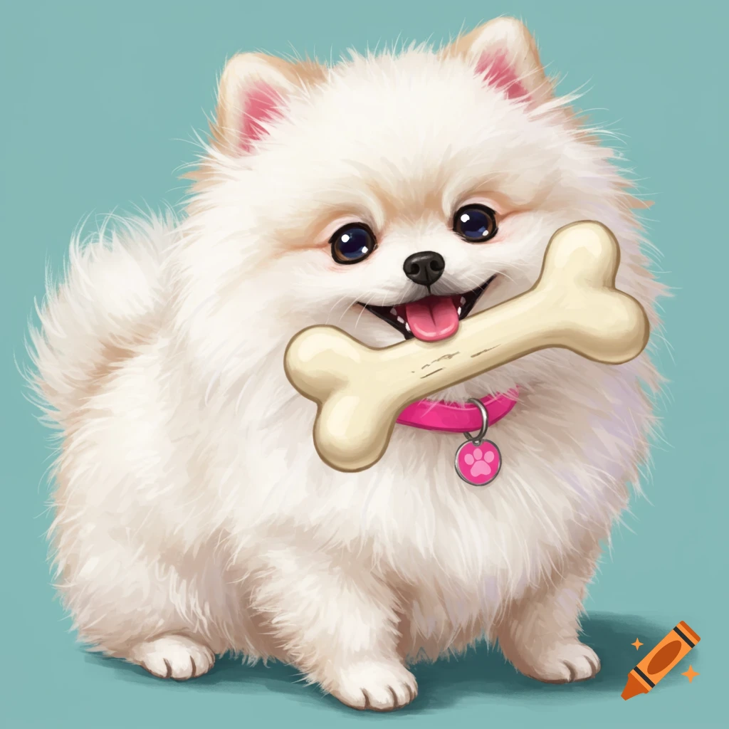 An illustration of a fluffy white dog holding a bone and wearing a pink collar.