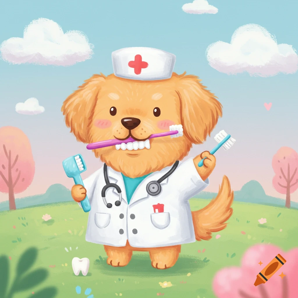Cute illustration of a dog dressed as a dentist holding toothbrushes in a field.