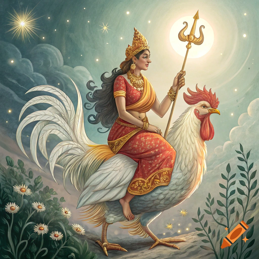 A goddess in traditional Indian clothing and crown rides a large white rooster across a twilight sky, holding a trident.