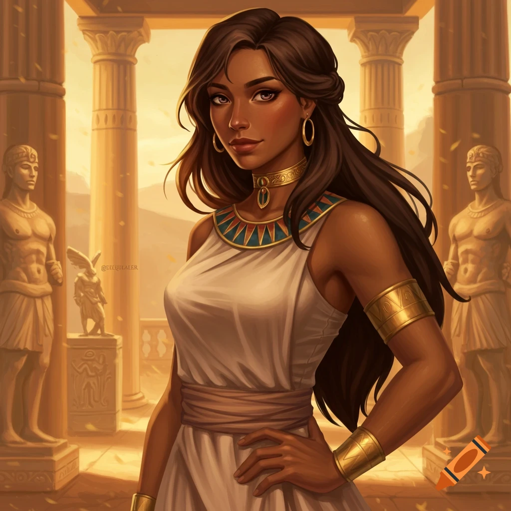 A woman in ancient Egyptian attire stands in a temple.