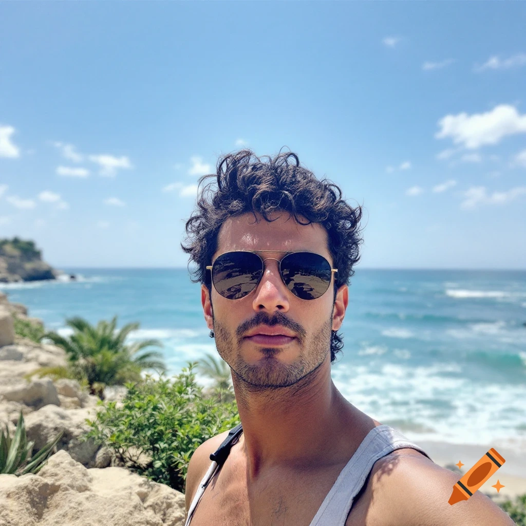  A man in sunglasses takes a selfie at a sunny beach. on Craiyon