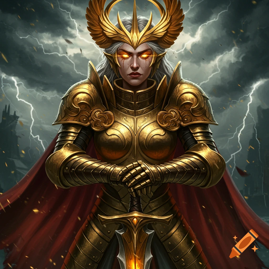 A female warrior in intricate golden armor with glowing eyes stands against a stormy sky.