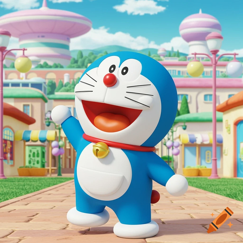 Doraemon waves in a colorful animated town