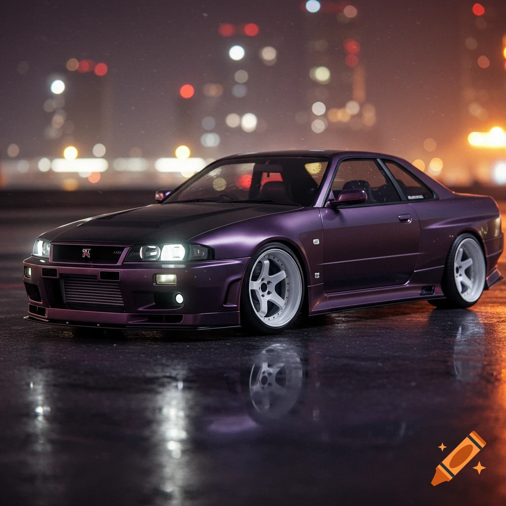 A purple Nissan Skyline GT-R parked on a wet city street at night.