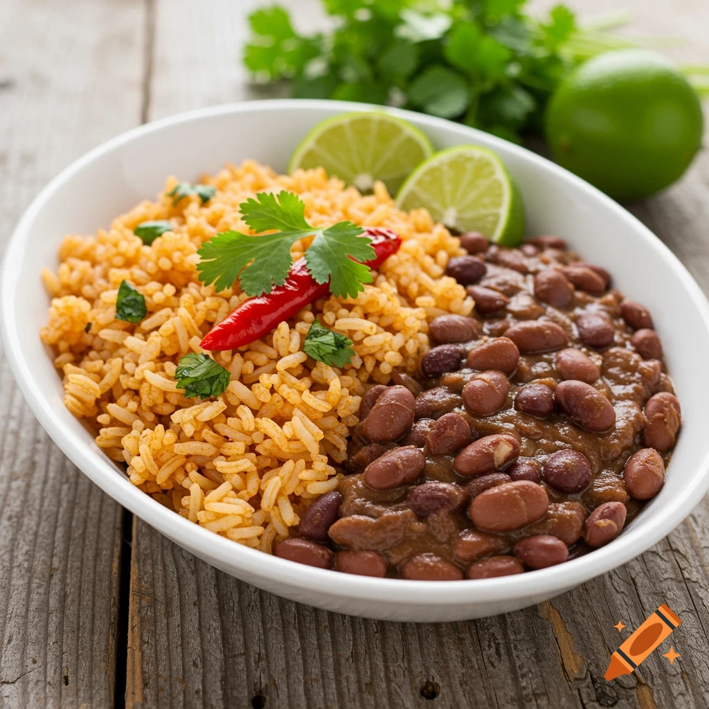 Bowl of Mexican rice and beans with lime wedges and chili on a wooden table.