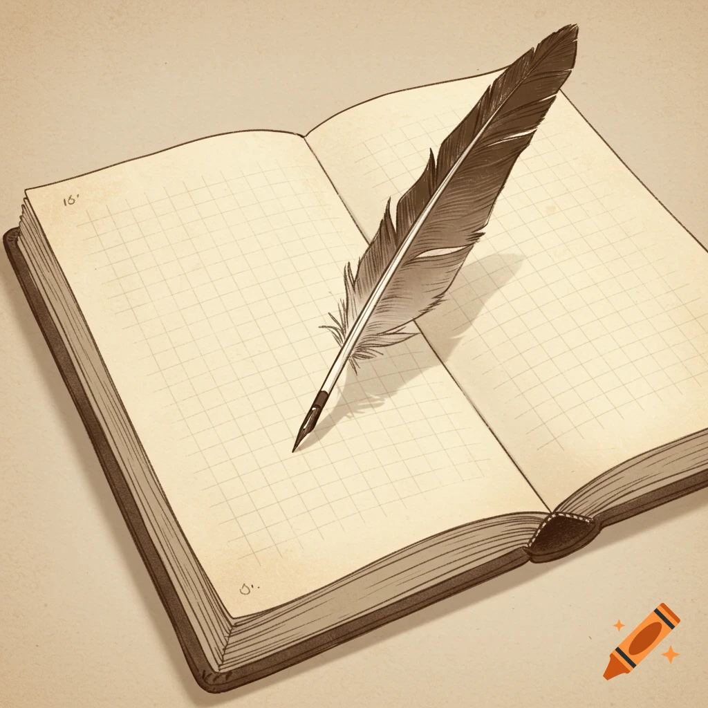A feather quill pen rests on an open notebook with grid paper, depicted in an illustration style.