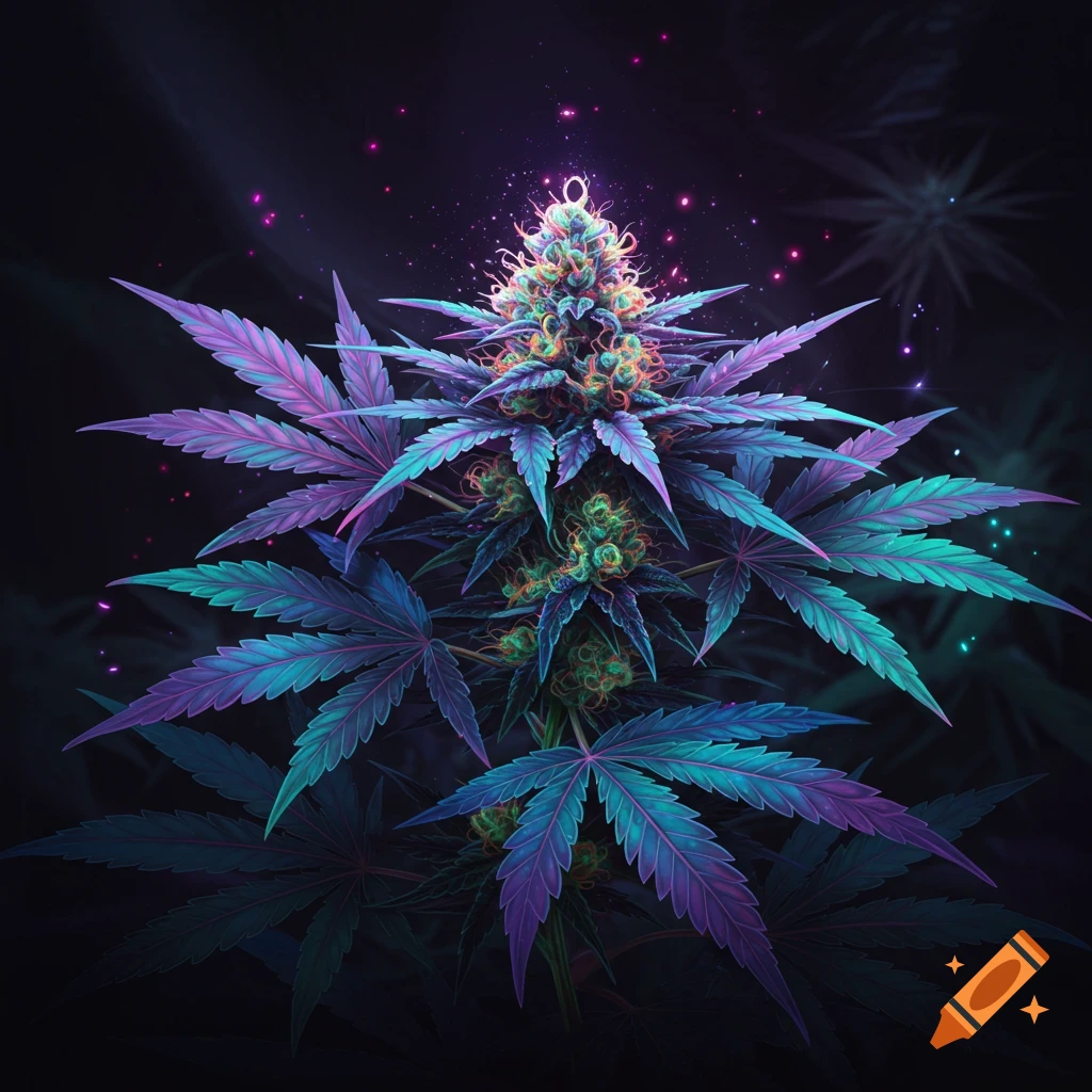 Vibrant cannabis plant with glowing purple and teal leaves against a dark background.