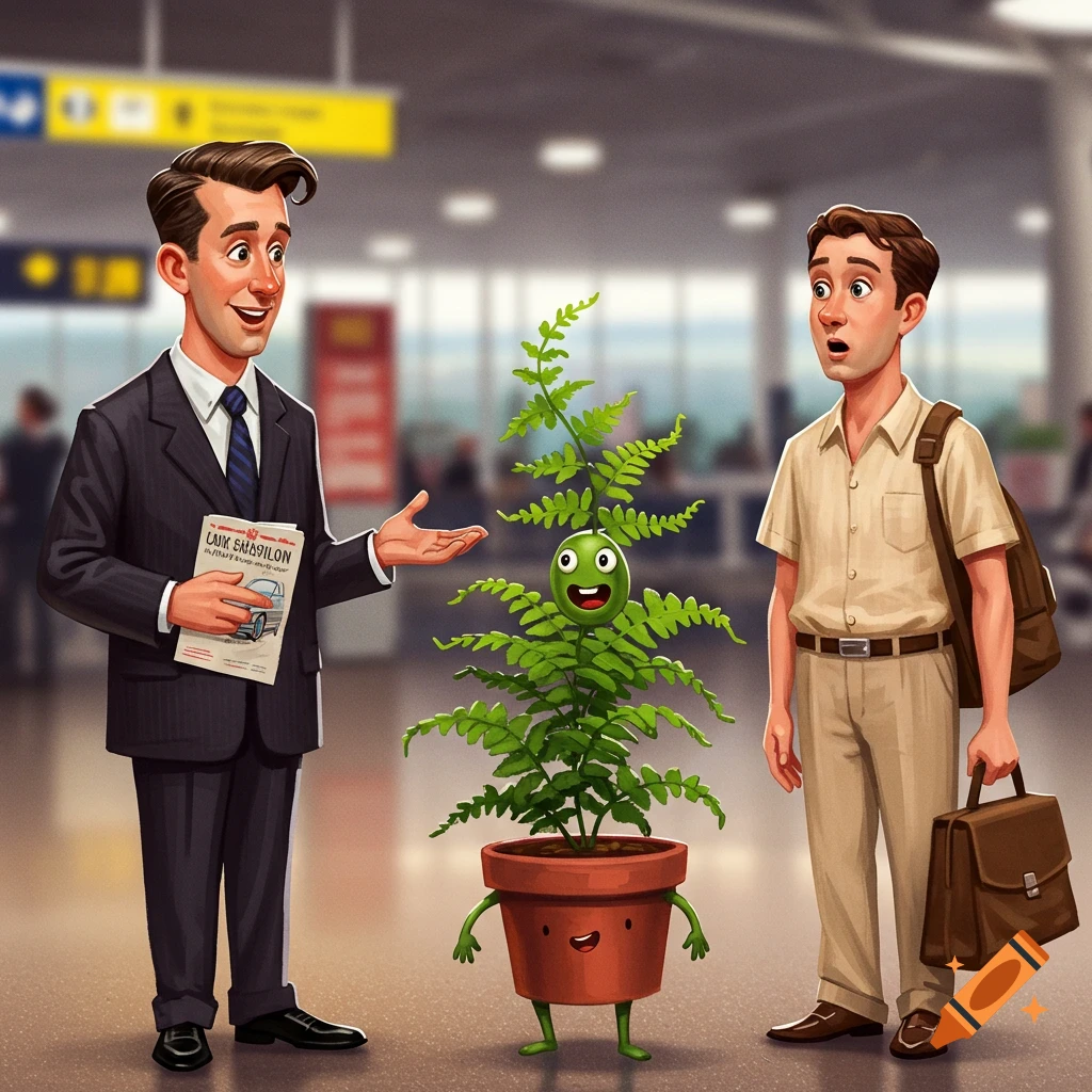 Cartoon illustration of a salesman and a talking potted plant talking to a casual businessman at an airport.