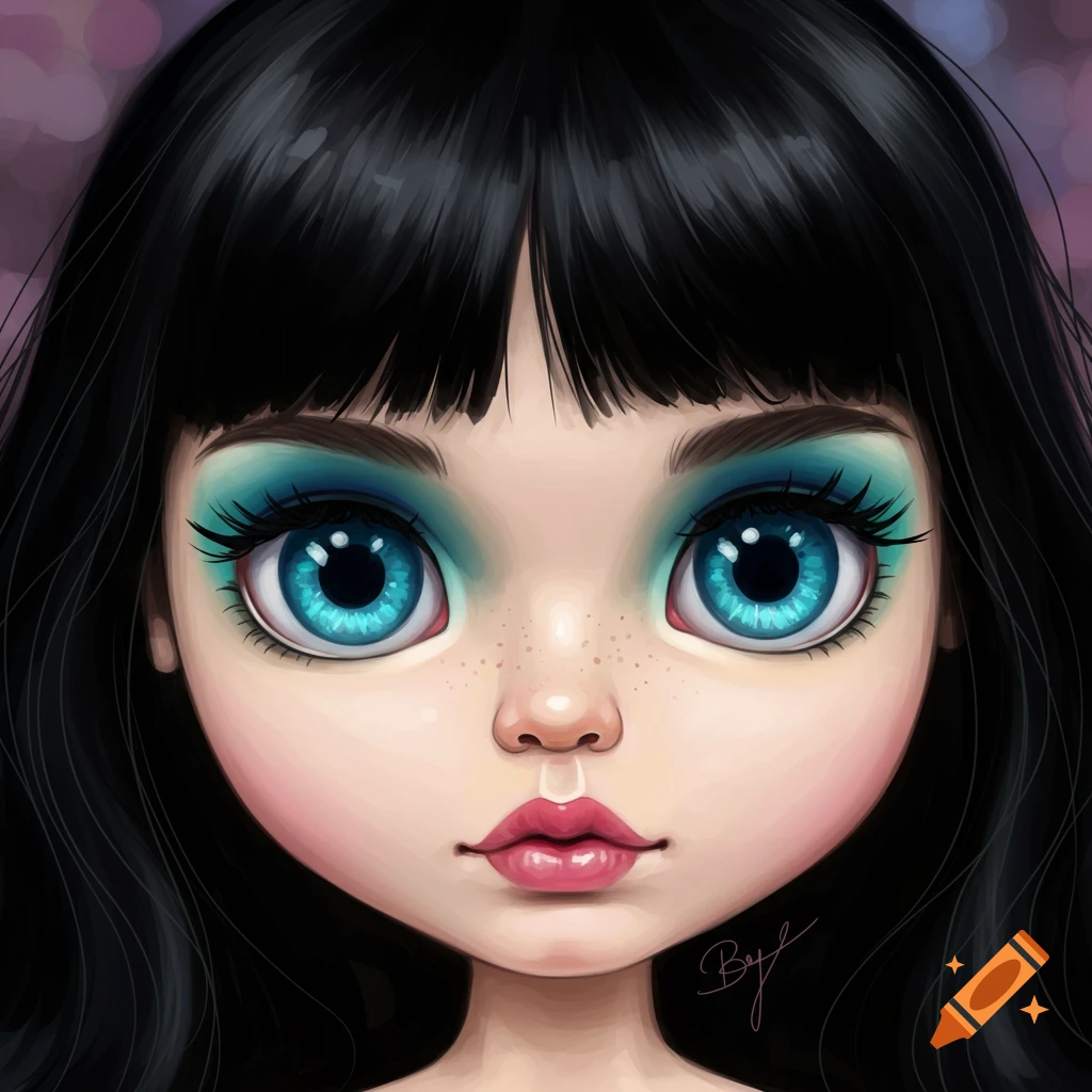 A close-up stylized portrait of a girl with large blue eyes, black hair, and a doll-like appearance.