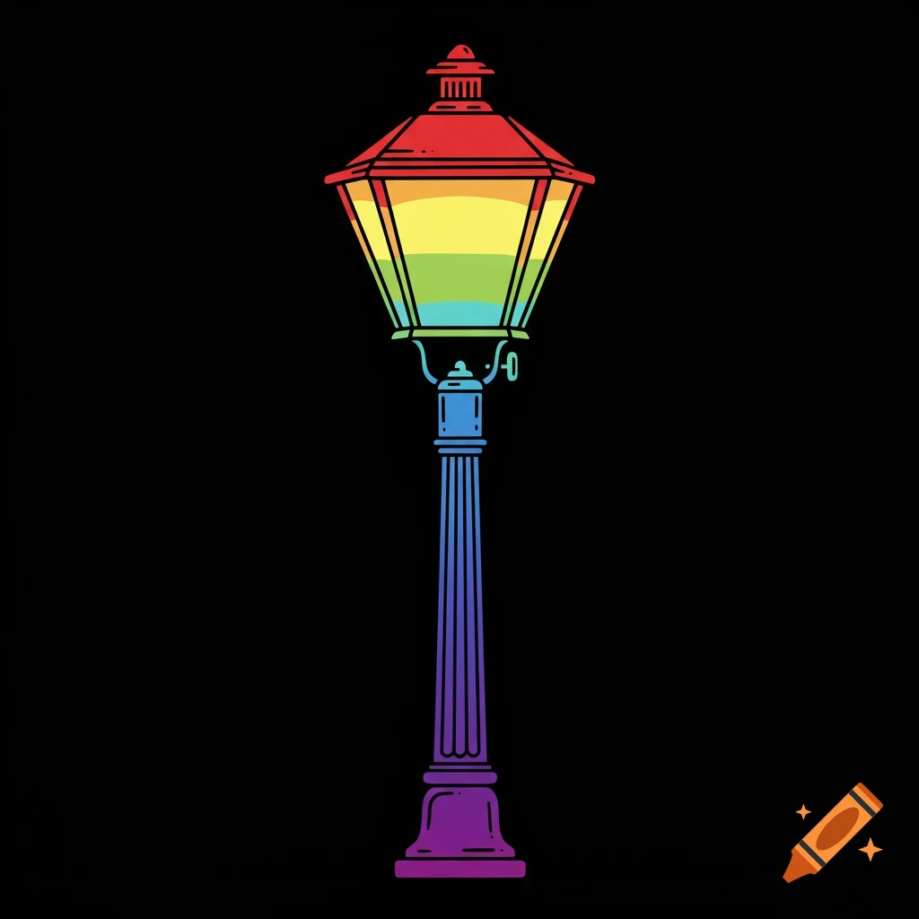 An illustration of a gas lamp colored with rainbow stripes on a black background.
