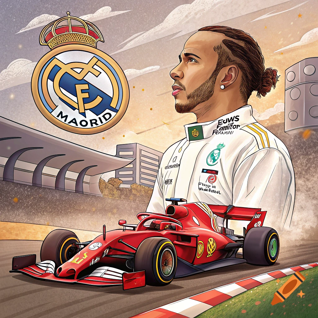 Stylized illustration of a driver resembling Lewis Hamilton next to a red F1 car with a large Real Madrid logo and racetrack in the background.