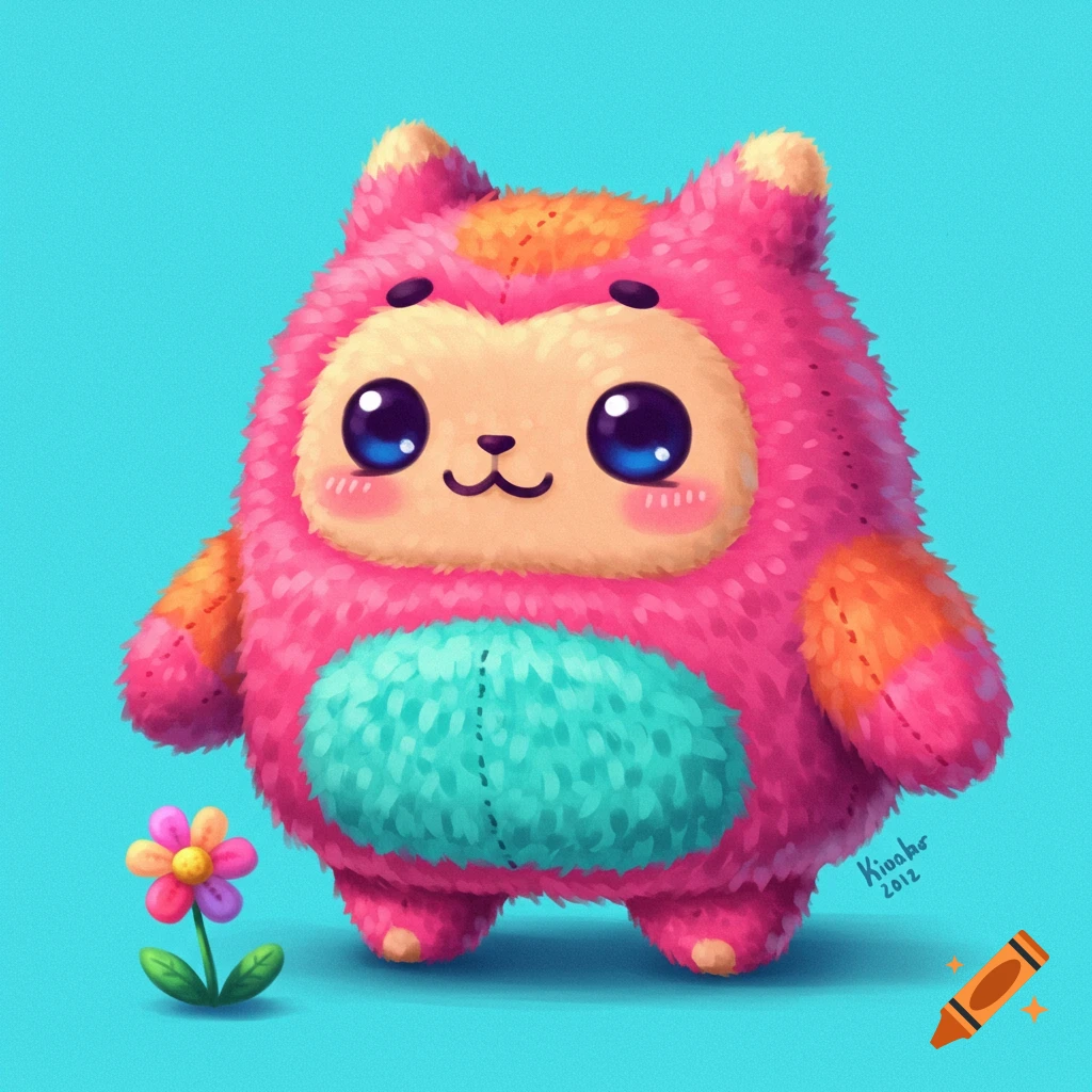 Cute pink and orange furry creature stands next to a flower on a teal background, illustration style.