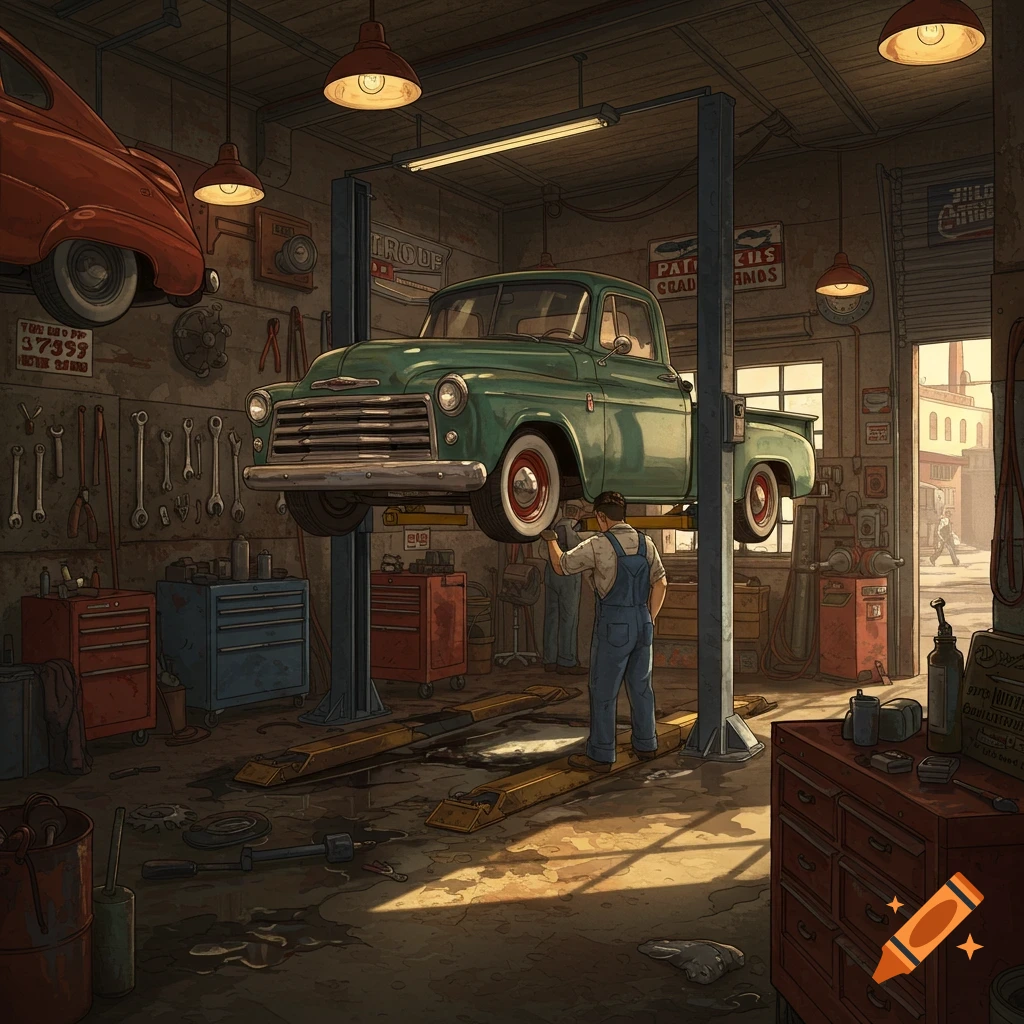 A mechanic works on a lifted green classic pickup truck in an auto repair shop.