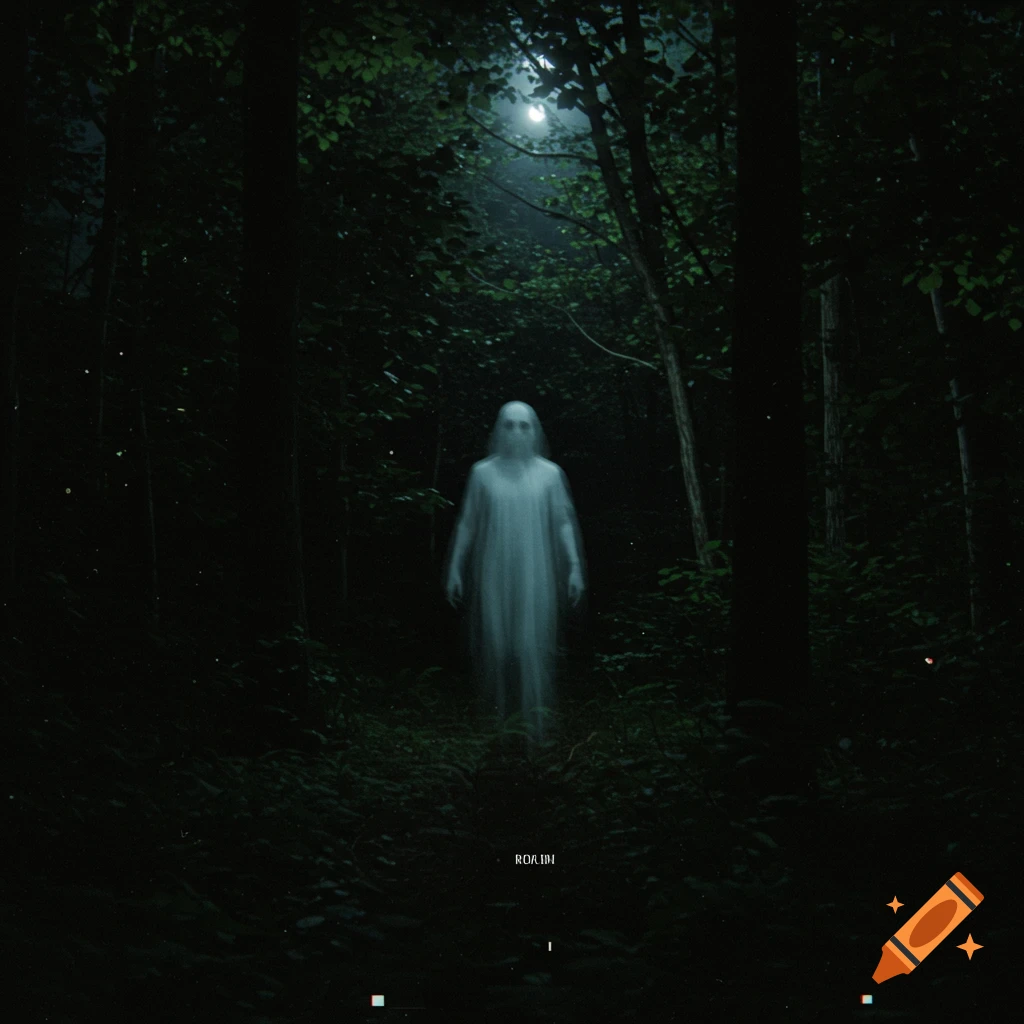 A blurry ghost figure stands in a dark forest at night, illuminated by a light, in a grainy found footage style.